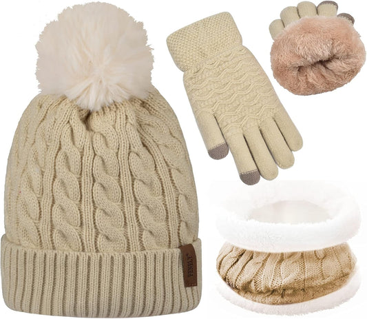 3Pcs Winter Women Beanie Hat Scarf and Touch Screen Gloves Sets