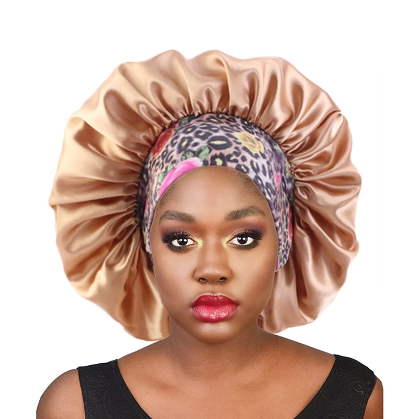 Satin Hair Bonnet 3 Pcs Elastic Wide Band Sleeping Soft Print Caps for Women Multicolor for Long Curly Natural Hair Big Capacity(Red)